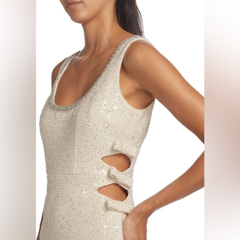 Self-Portrait cream boucle cut out mini dress. Sequins dress